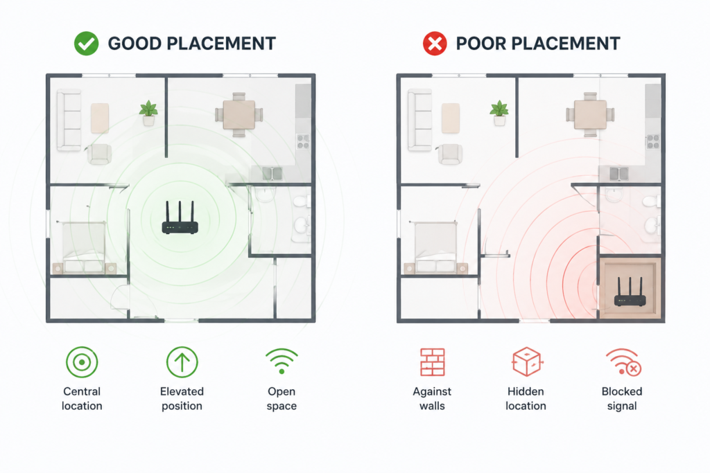 Diagram comparing good vs bad router placement